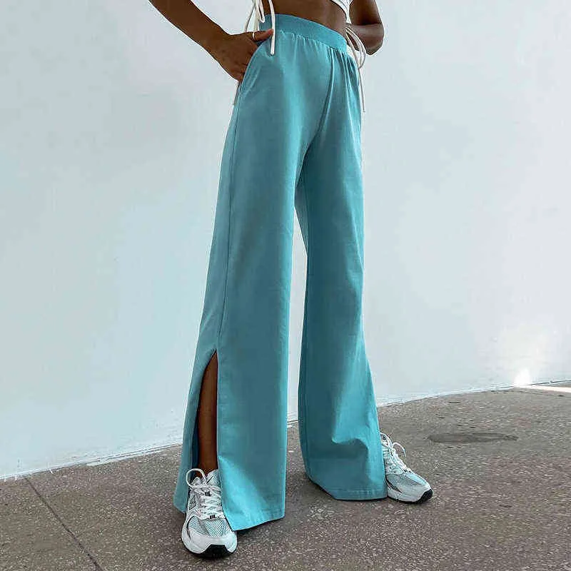Blaue breite Beinhose mit Split-Frauen-beiläufige Baumwolle mit hohem Wasit-elastischem losem Jogginghosen-Jogging-Weinlese-Taschen-Hose-Herbst 211115
