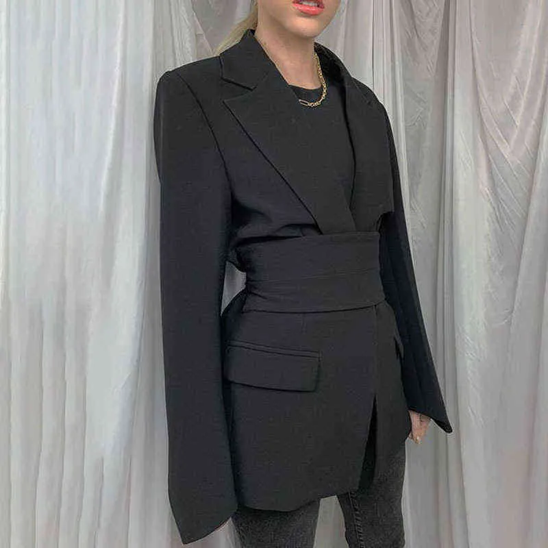 Büro Damen Blazer Kleid Frauen Anzüge mit Gürtel Oberbekleidung Damen Jacken Langarm Elegante weiße schwarze Jacke weiblich 211122