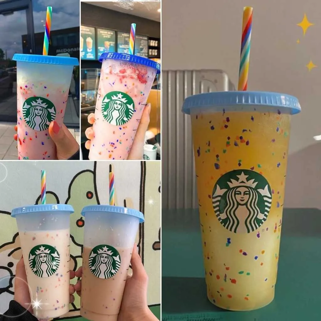 Voorraad Starbucks kleur veranderende koude beker met deksel en rietje confetti herbruikbare plastic beker of set, vloeibare ounces livebecool