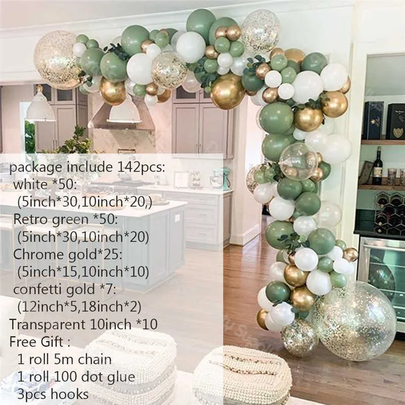 palloncini ghirlanda kit compleanno retrò verde polveroso palloncino arco cromo oro coriandoli globos baby shower decorazioni feste di matrimonio 210719