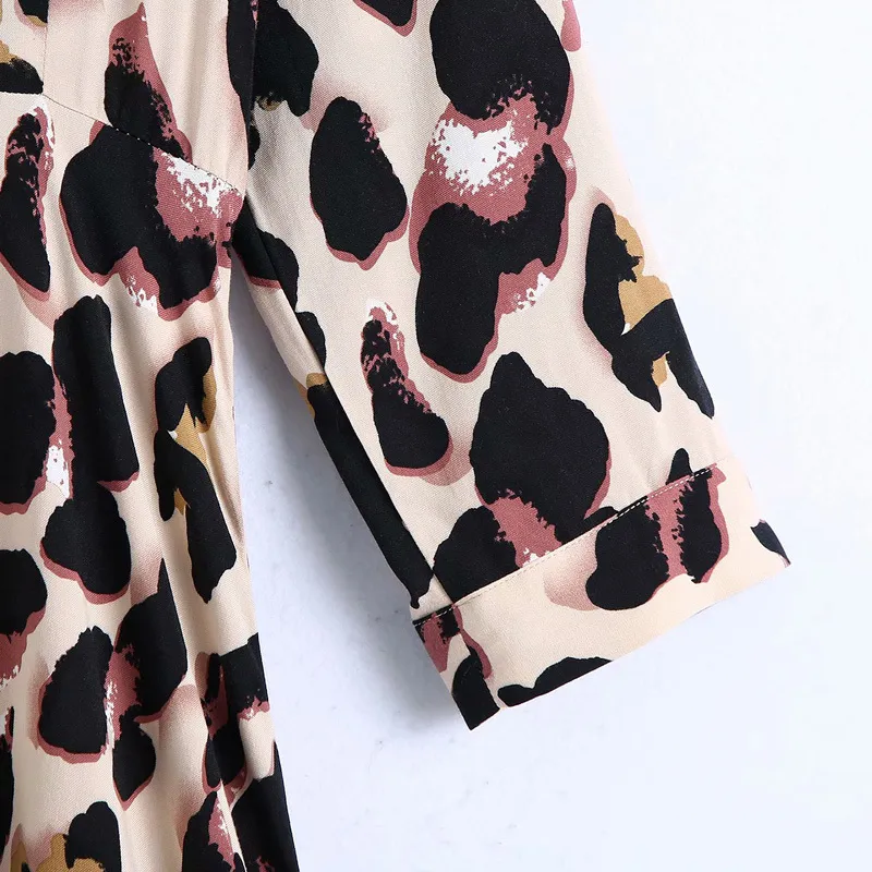 Women Summer Leopard Shirts Dress Long Sleeve Fashion Street Buttons Female Elegant Vintage Mid Calf Dresses Vestidos Clothes 210513