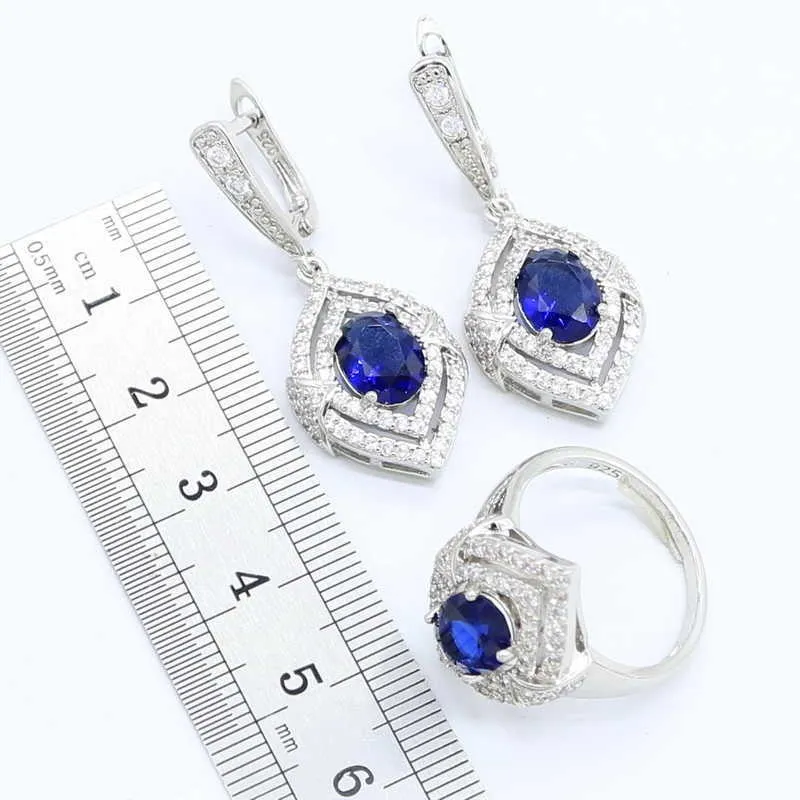 Classique bleu pierres ensembles de bijoux couleur argent boucles d'oreilles de mariée pour femmes Bracelet collier anneaux ensemble cadeaux boîte H1022