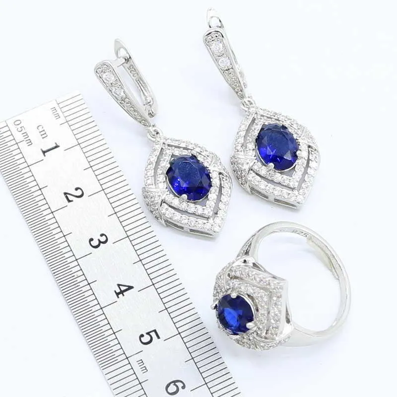 Klassieke blauwe stenen sieraden sets zilveren kleur bruids oorbellen voor vrouwen armband ketting ringen set geschenken doos H1022