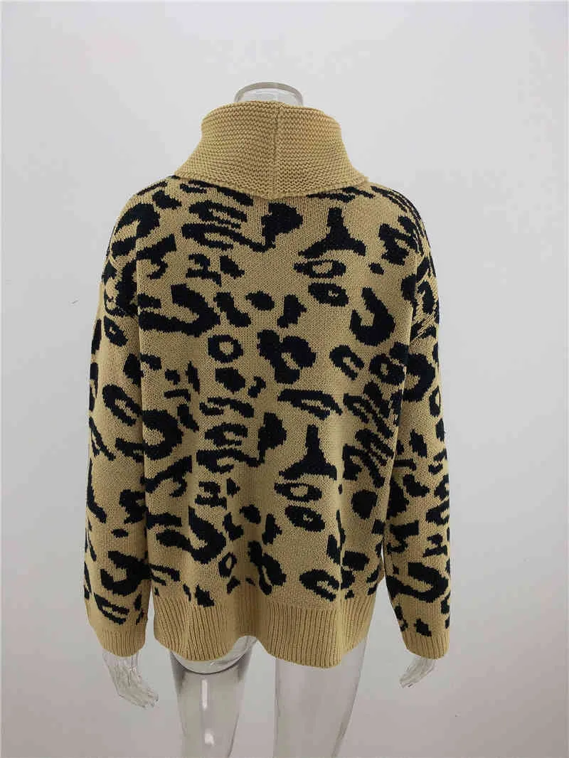 Qooth Animal Print Jumper Women Leopard Crochet Top Knitwear Turtleneck Long Sleeve Pullover Sweaters Women Jumper QT334 210518