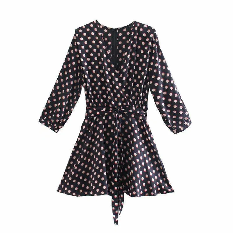 Za kort polka dot klänning kvinnor långärmad självbälte vintage party klänningar kvinna mode tillbaka zip passform vestido 210602