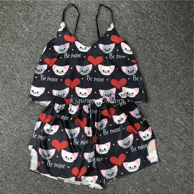 Pigiama da donna con unicorno cani Set pigiama con stampa carina Indumenti da notte in seta con scollo a V Pigiama sexy da notte in raso Abiti da casa Indossano top senza maniche e pantaloncini 210622