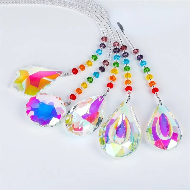 Kolorowe Kryształy Szklane Wisiorki Żyrandol Szycie Pryminy Wiszące Ornament Octogon Chakra Crystal Home, Biuro, Ogrodowa Dekoracja