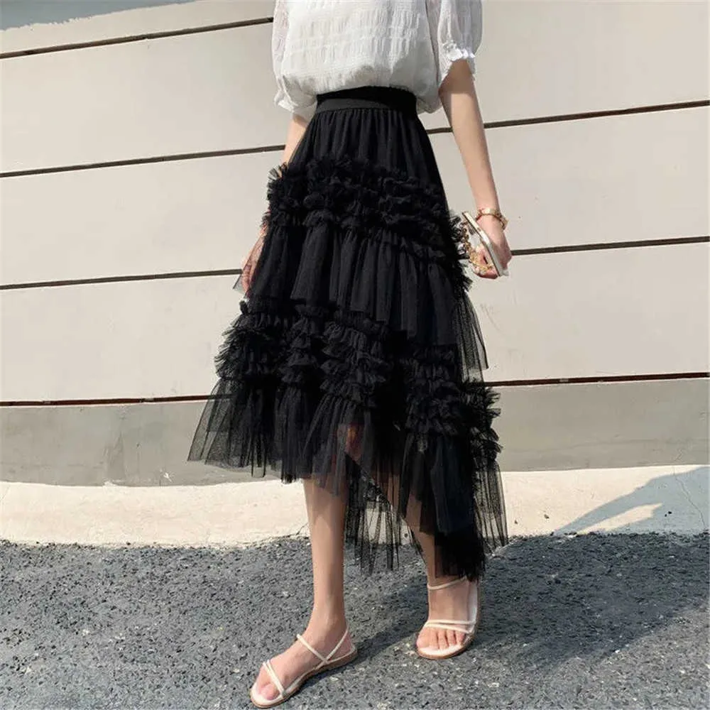 Französische elegante gekräuselte unregelmäßige Kuchennähte plissierte Röcke Frauen Vintage Mesh hohe Taille geschichtete Tüllröcke Streetwear 210619