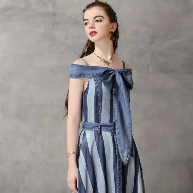 vintage slash cou patchwork rayé maxi robes printemps arraival simple boutonnage bleu foncé avec ceinture chic 210421