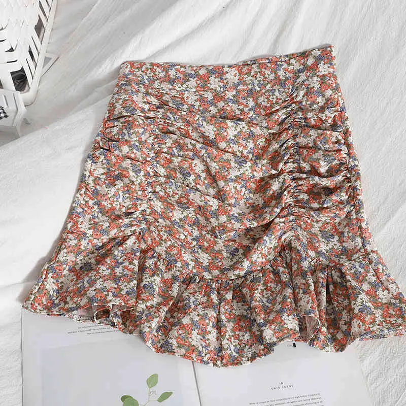 Kimutomo Sweet Girls Mini Spódnica Kobiety Lato Moda Kobieta Koreański High-Paisted Floral Printing Ruffles Skirt Elegant 210521