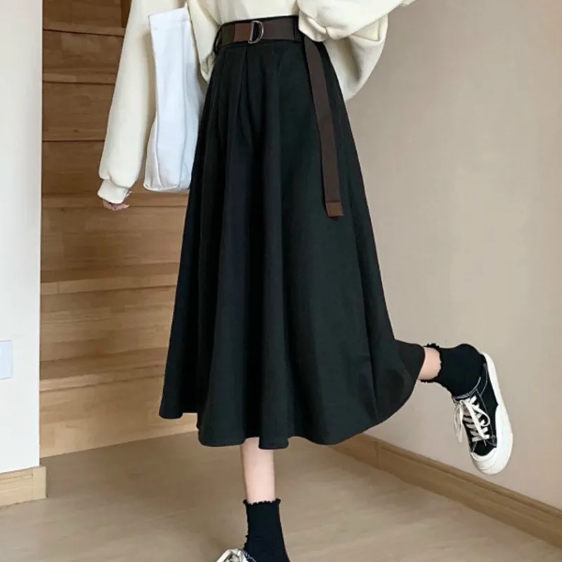 Кимутомо Женщины юбки осень зима корейский стиль женский повседневная твердая с поясом эластичная талия a-line юбка для юбки мода 210521
