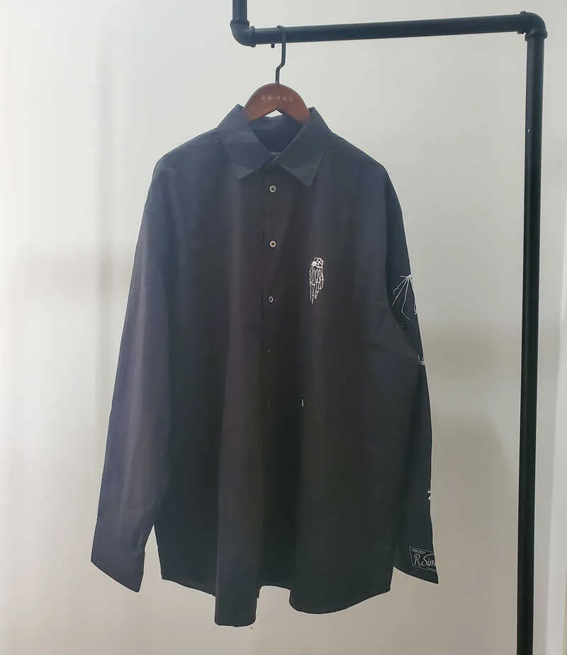 Camisas casuais dos homens Shiosai Outono Inverno Novo Raf Simons Estilo Solto Embroidery Impresso Camisa