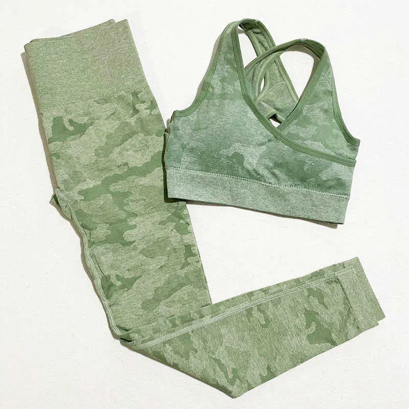 Two Piece Gym Clothing Set Camo Sports for Women Yoga s Clothes Leggings and Top Suit Fitness 210802