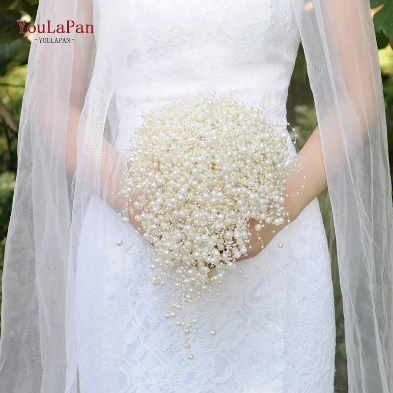 Fiori matrimonio YouLaPan F24 Perle complete Bianco avorio Bouquet fatto a mano Waterfull Sposa Accessori da sposa di lusso Gioielli251g