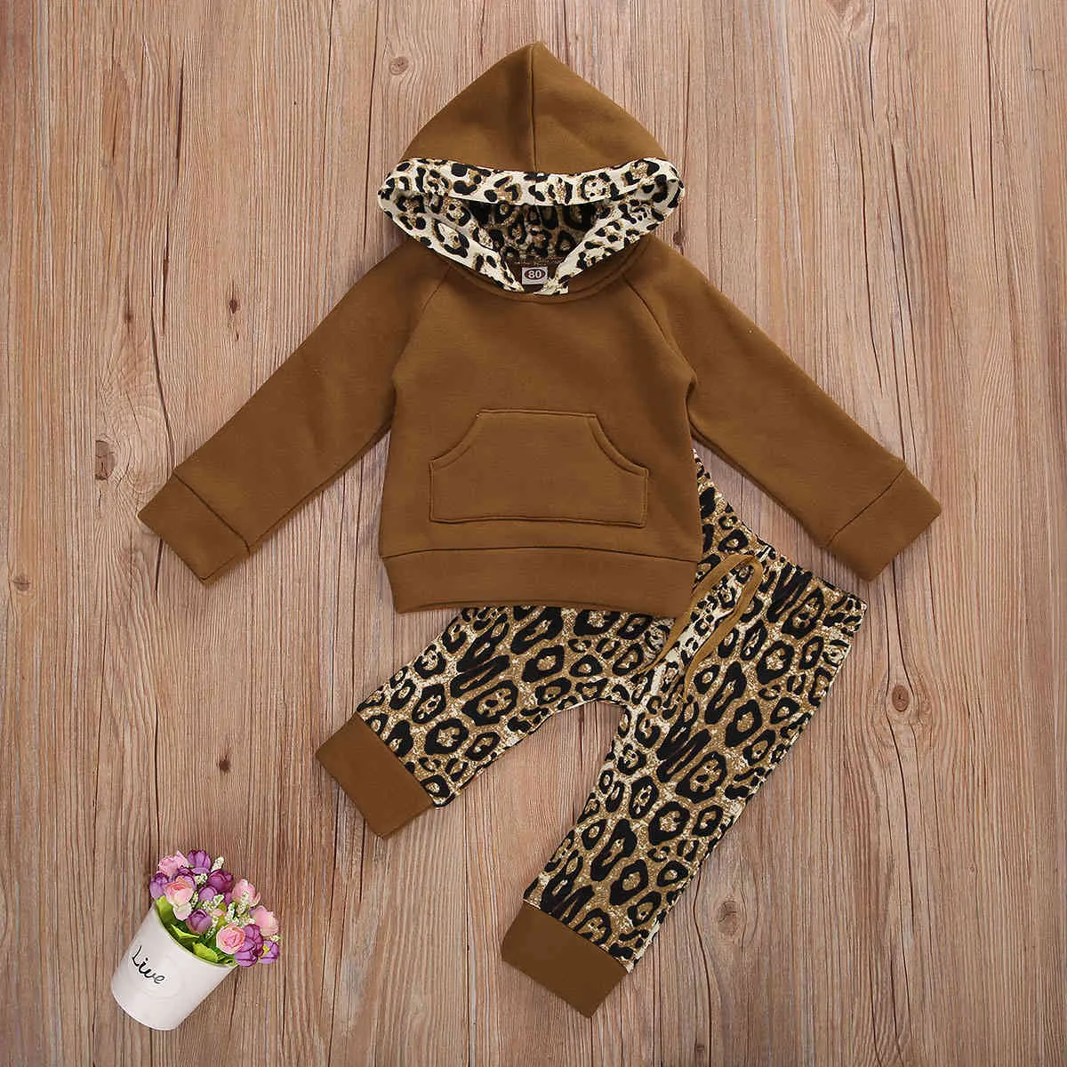 0-24M Herbst Winter Kleinkind Kleinkind Baby Mädchen Junge Leopard Kleidung Set Warme Mit Kapuze Tops Hosen Outfits 210515