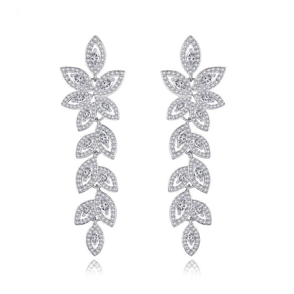 Poland Marquise Cubic Zirconia Cluster Dangling Drop Flower Leaf Long Earring for Women Wedding Banquet Jewelry CZ882 210714