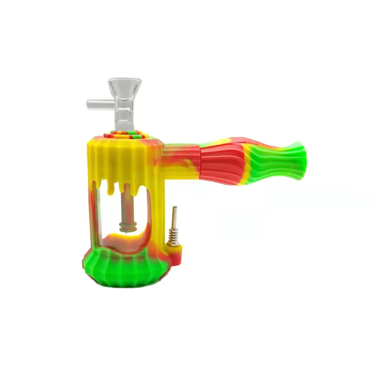 Küçük Karışık Renk Silikon Su Borusu Cam Bong ile 14mm Cam Kase + 10mm Titanyum Çivi