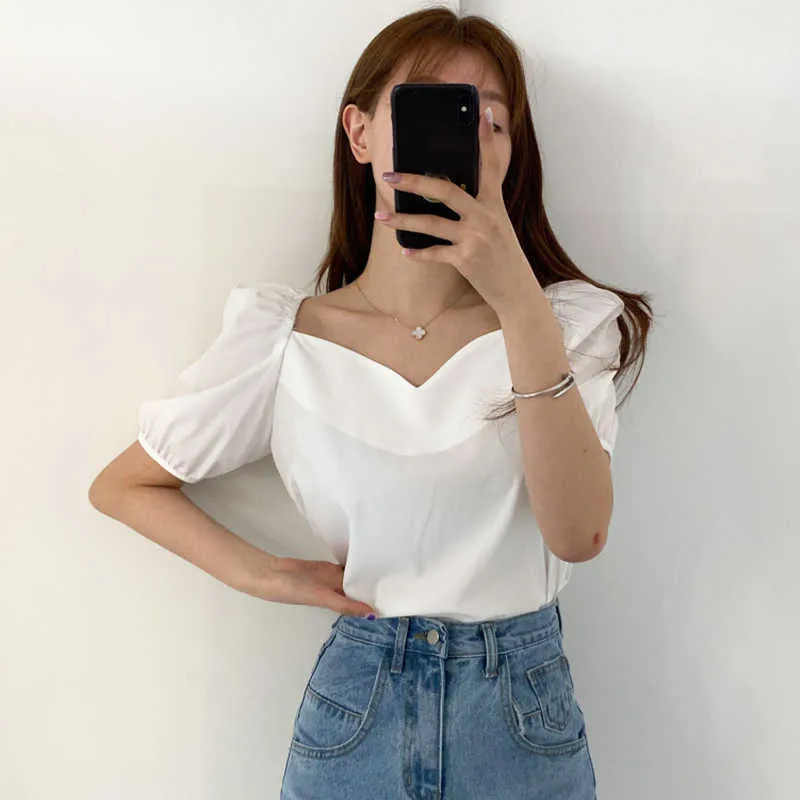 Korejpaa Women Shirt Summer Korean Minimalist Temperament Square Collar Loose Solid Color All-Match Puff Sleeve Blouses 210526