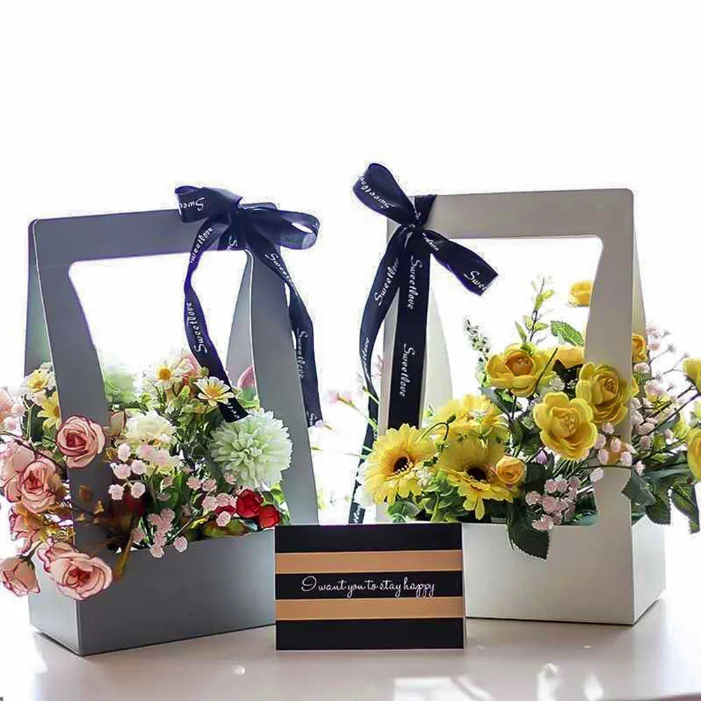 Caja de flores plegable portátil Papel impermeable Embalaje de papel Florist Fresh Flower Carrier Bag Hecho a mano Ramo de boda Regalo de boda Y0712