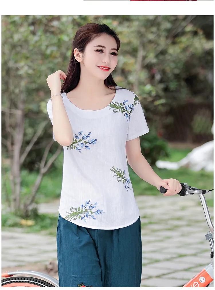 Moda Çiçek Nakış Kadın Bluz Gömlek Kısa Kollu Yaz Pamuk Keten Tops Artı Boyutu Giyim D823 30 210506