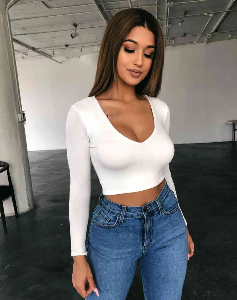 Women T-Shirt Long Sleeve Sexy Ladies Deep V-Neck Crop Tops Spring Autumn Solid Color Basic Slim Female Clothing 210522