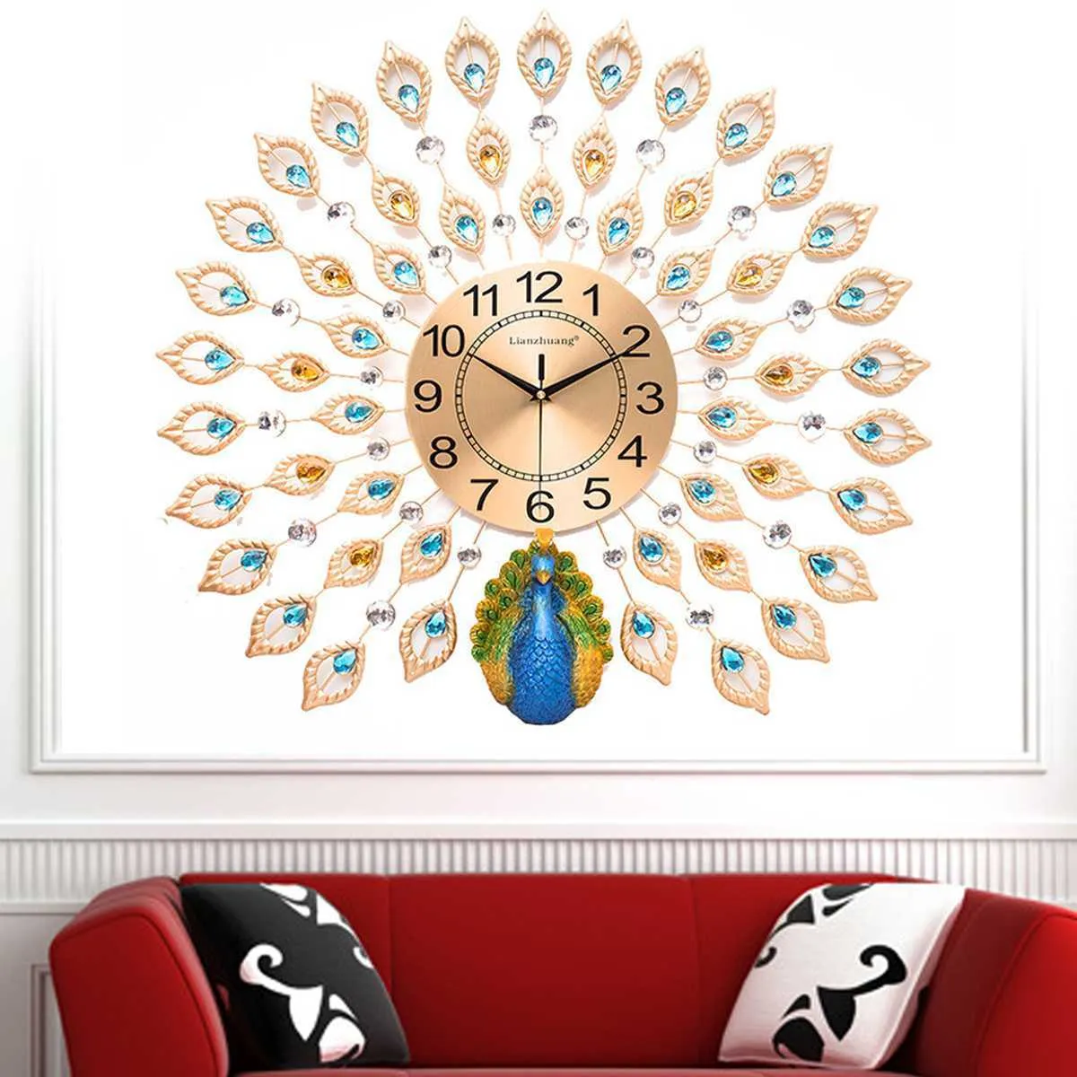 大型3Dダイヤモンドクリスタルクォーツ孔雀の壁時計ヨーロッパのモダンなデザインの家のリビングルームの装飾寝室の静かな時計の壁210724
