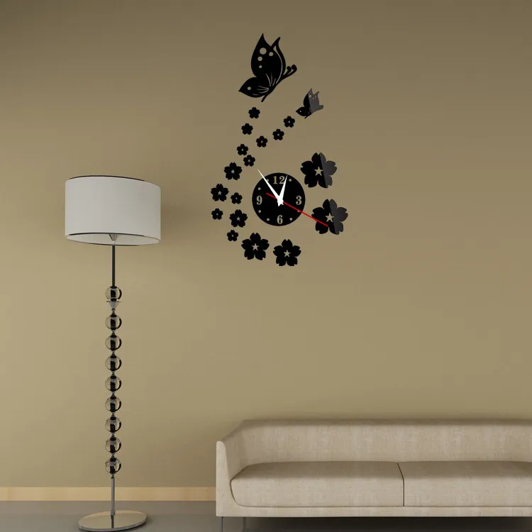 Relógios de parede colados silenciosos para sala de estar Butterfly Acrílico Decoração de Casa DIY Relógio Latest Status Original