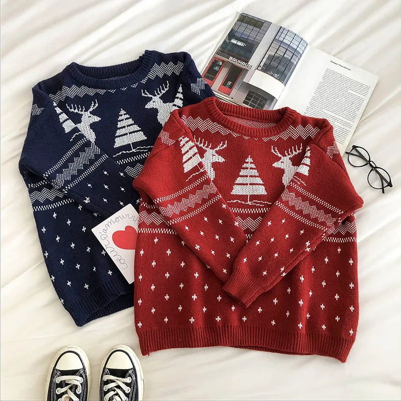 Frauen Übergroße Pullover Pullover Herbst Winter Nette Fawn Argyle Pullover Frau Lange Ärmeln Rot Weihnachten Gestrickte Tops 210525