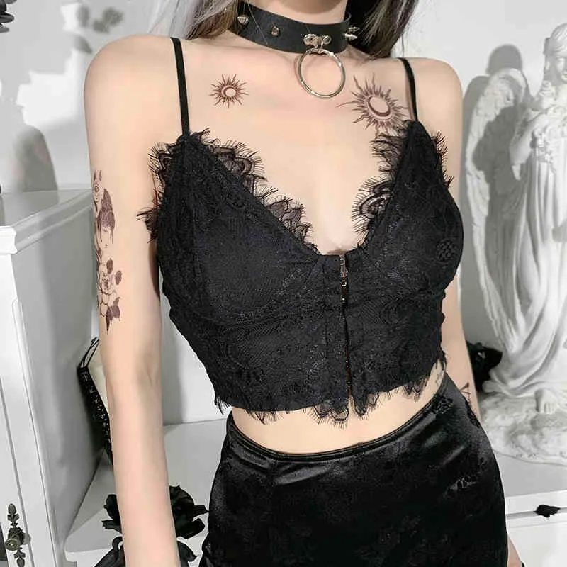 Sexy Noir Foncé Spaghetti Strap Bustier Top Femmes Dentelle Patchwork Garniture Camisoles Vintage Hors Épaule Dos Nu Crop Été 210517