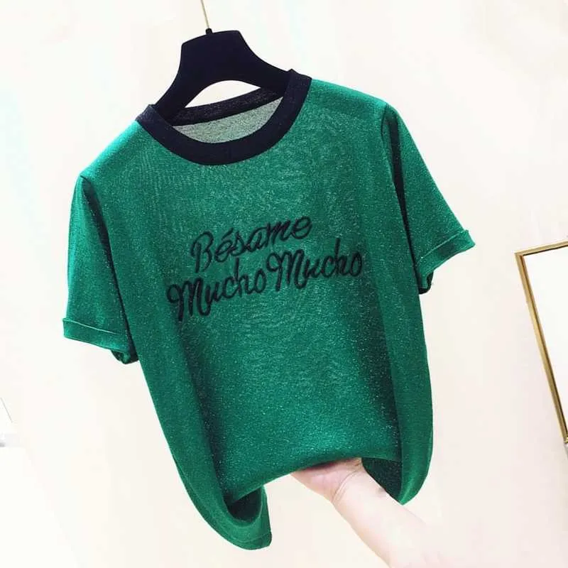 Glitter Women thin Sweater shiny summer letter embroidery pullovers lady sweaters basic Female pink knit sweater short sleeve 210604