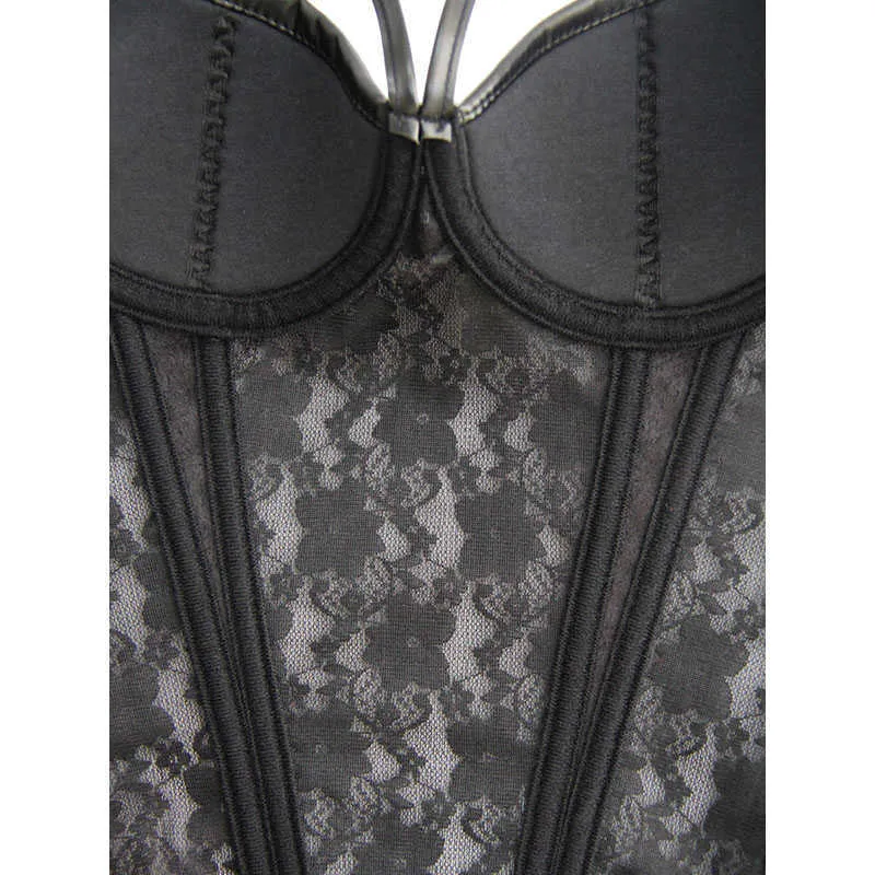 Gothic Womens Sheer Lace Vinyl Leather Overbust Corset Bustier Plus Size Black Spaghetti Strap Slim Waist Cincher Bodyshaper 3XL-W5722-1 (9)