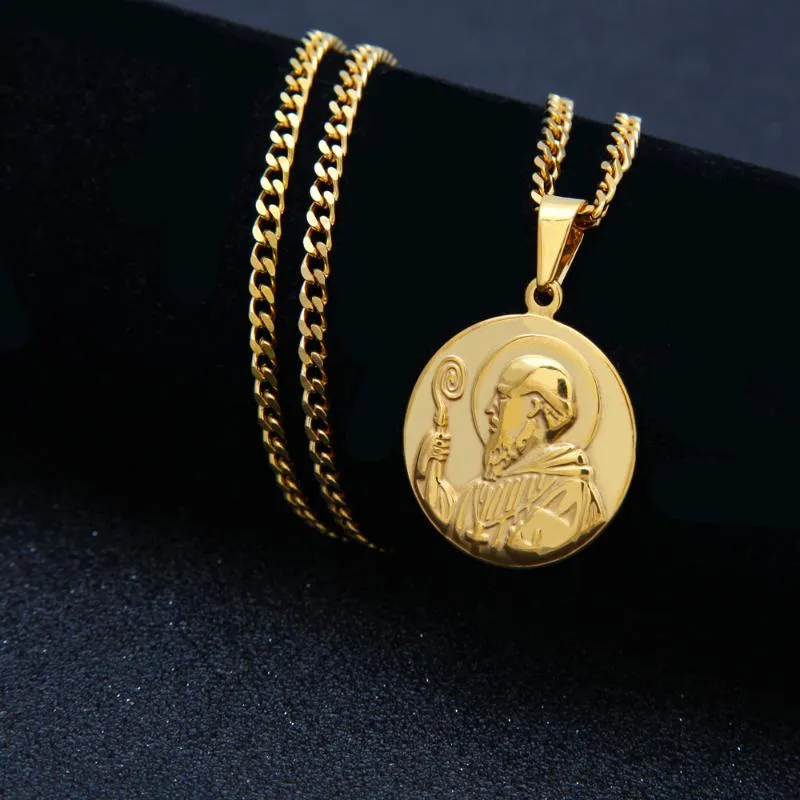 Pendant Necklaces Golden Color Stainless Steel Necklace For Men Women St Benedict Man Chain & Pendants Hip Hop Fashion Jewelry320m