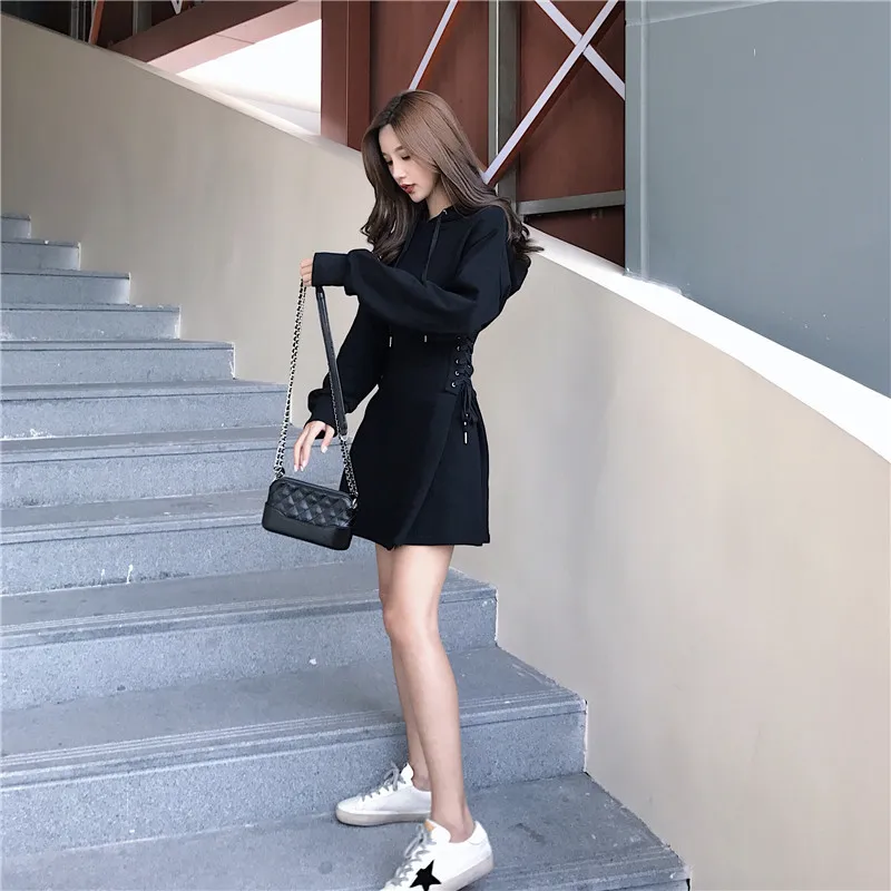 Women's Spring and Autumn Dress Korean Version of The Retro Wild Mid-length Design Hooded Long-sleeved Dresses GX288 210507