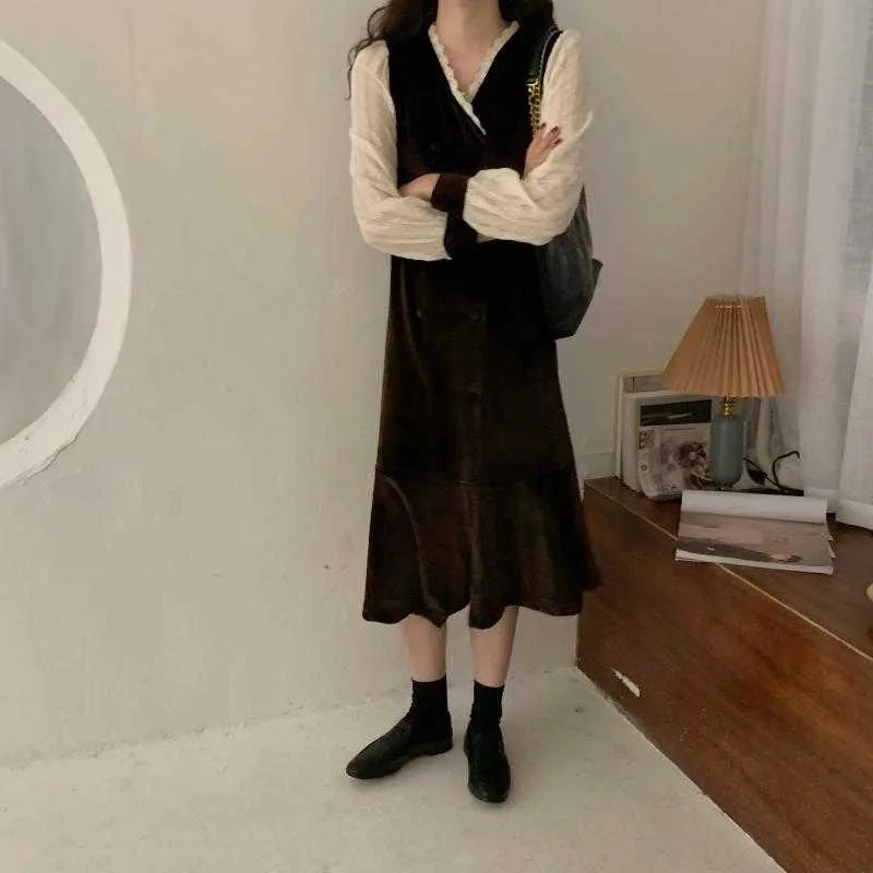 Retro Patchwork Woolen Dame V-ausschnitt Schlank Winter Warme Stilvolle Vintage Hohe Taille Weibliche Lange Kleider Vestidos 210525