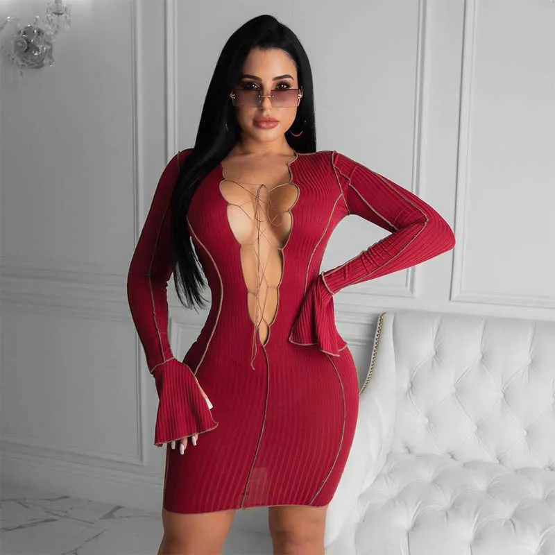 Long Sleeve Hollow Out Cut Out Bandage Ribbed Skinny Bodycon Jumpsuit Autumn Winter Women Fashion Sexy Striped Party Club Romper 210604