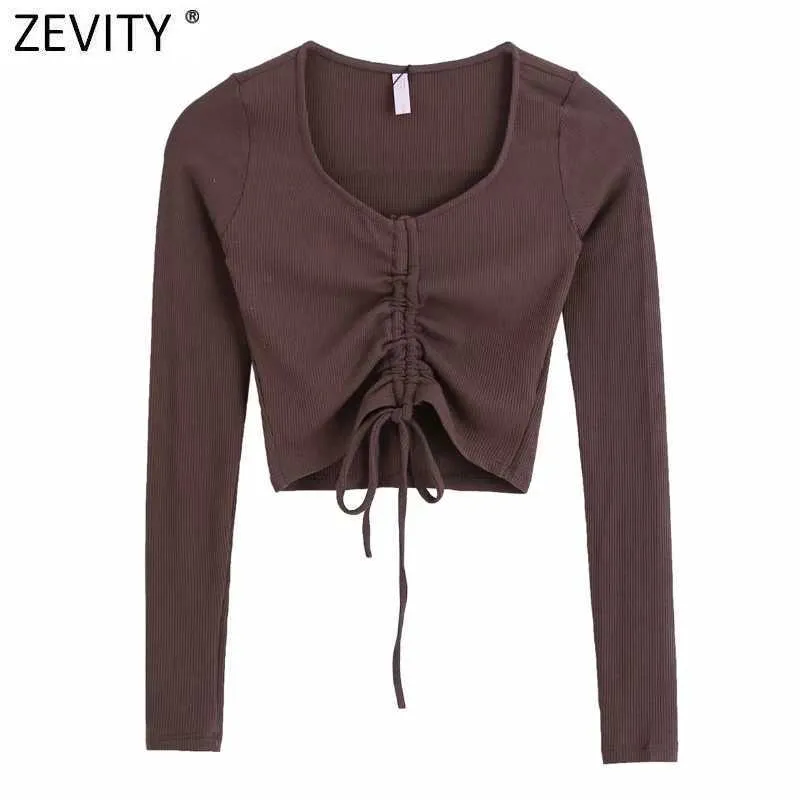 Zevity Women Simply V Neck Pleated Lace Up Långärmad Chic Camis Tank Damer Strikkad Slim T-shirt Casual Crop Tops LS7552 210603