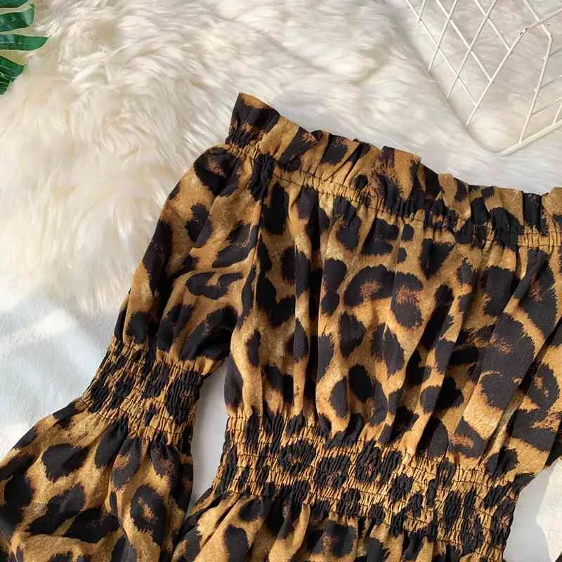 Ezgaga Sexy Leopard Bluse Frauen Mode Slash Hals Chiffon Von Schulter Lose Stretch Lantern Sleeve Damen Shirts Clubwear 210430