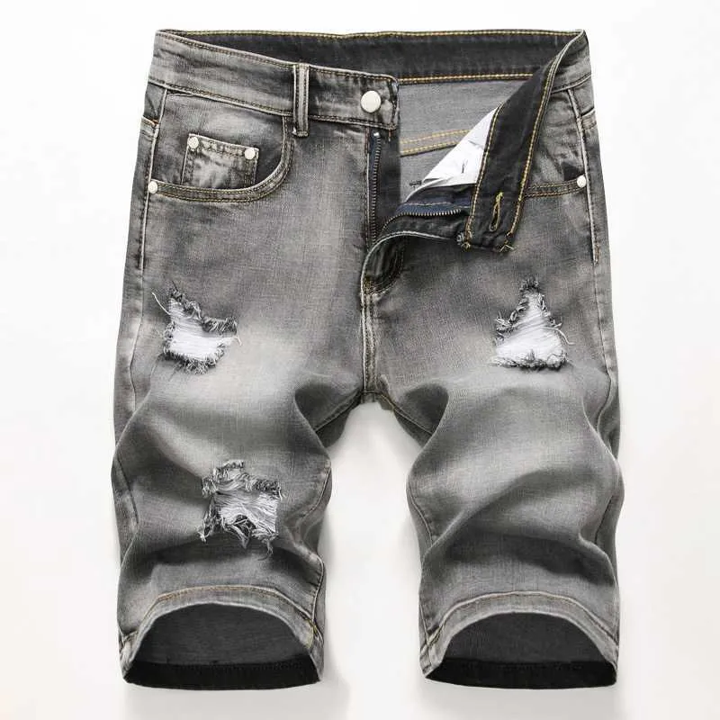 Short en jean pour hommes déchiré culotte d'été trou en détresse Bermudes mâle Stretch longueur au genou Vintage jean court hommes 210714