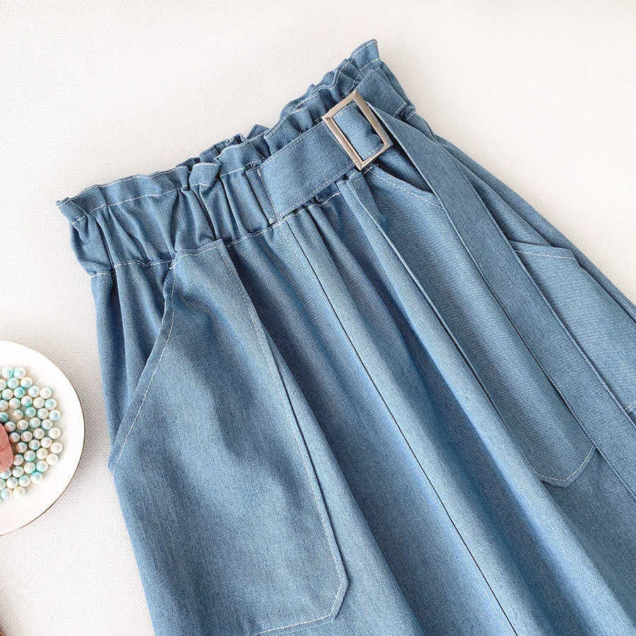 Surmiitro vår sommar kvinnor koreanska stil blå hög knopp midja solskola knä längd midi kvinnlig denim kjol med bälte 210708