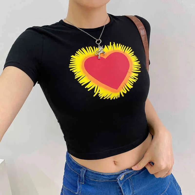 Brown Sweet Heart Imprimé Y2K Crop Top T-shirt Femme Mode Été Kawaii Manches courtes Harajuku Coton Pulovers Tees noirs 210510
