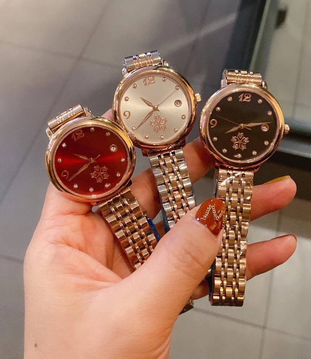 Nuevos relojes geométricos de flores de cristal para mujer, reloj de pulsera de cuarzo de acero inoxidable informal a la moda, reloj de fecha con números femeninos de 28mm