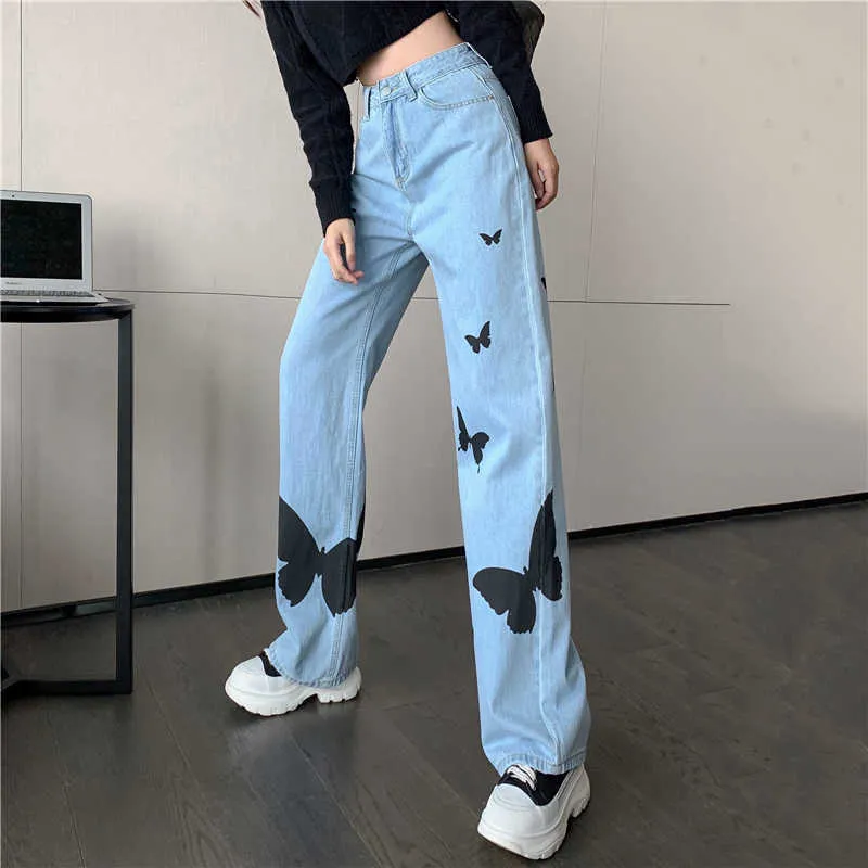 Jeans vintage de Yedinas Mulher longa calça cowboy feminina calça de rua solta Cintura alta 210527