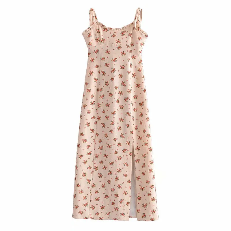 VUWWYV Kleider Frauen Beige Blumendruck Slip Midi Frau Sommer dünner Riemen rückenfrei Strand Vintage Sommerkleid 210430