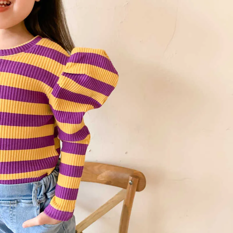 Spring Fashion Striped Knit T-shirts Kids Girls Chic Casual Puff Sleeve Tops Clothing Korean style 210615