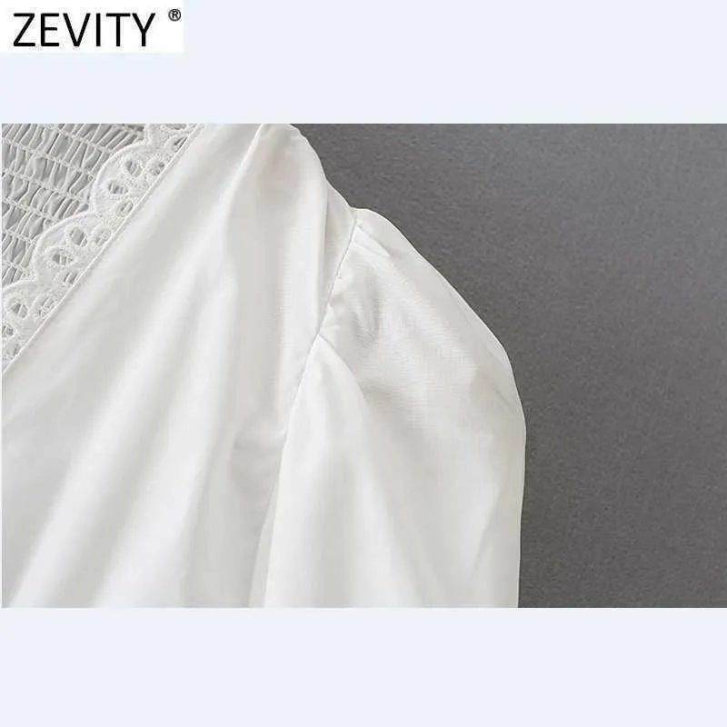 ZEVITY Kadınlar Tatlı Dantel Tığ Patchwork Göğüslü Kısa Gömlek Kadın Puf Kollu İpli İnce Bluz Chic Yaz Tops LS9154 210603