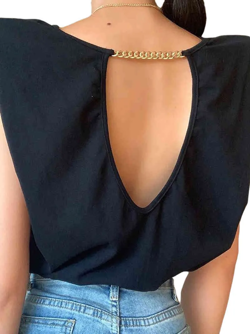 Women Sleeveless T-shirt Backless Chain Decorated Cotton and Polyester Solid Color Elegant Fashion Round Neck 210522