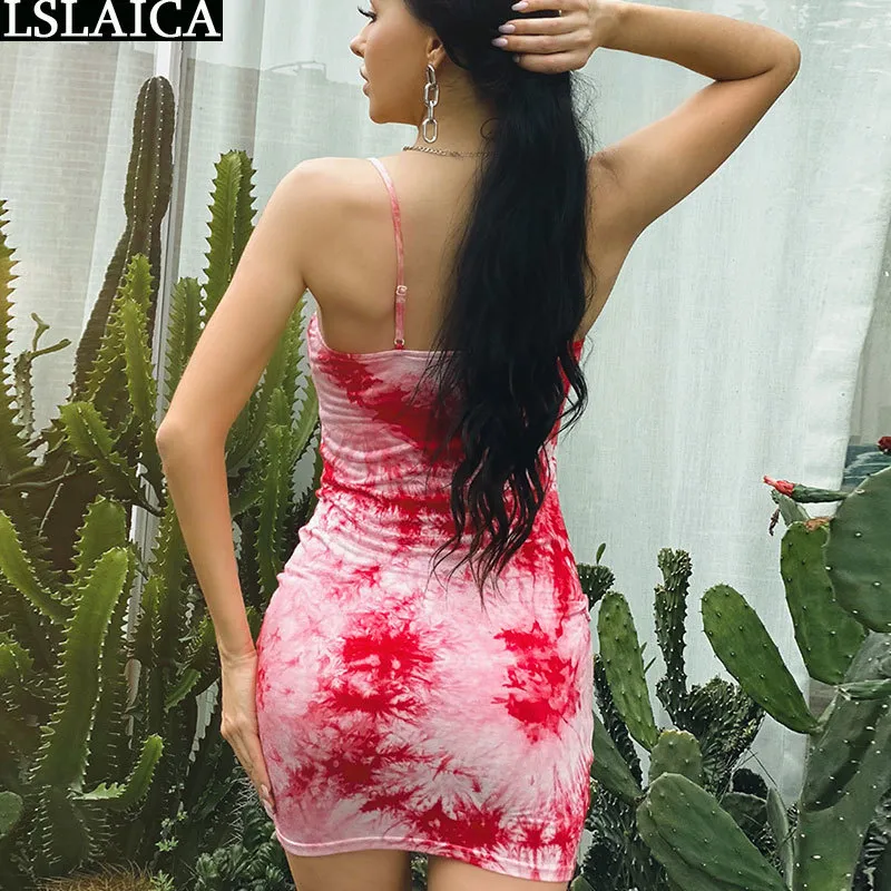 Sexig Bodycon Dress Women Sommar Spaghetti Strap Strapless Tie Dye Ladies Mini Backless Party Club Slip Plus Size 210520