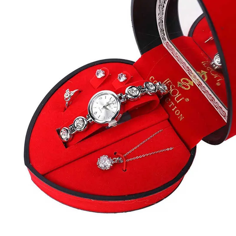 여자 팔찌 시계 세트 골드 크리스탈 디자인 목걸이 귀걸이 링 여성 보석 세트 쿼츠 레이디의 아내 엄마 선물 270f.