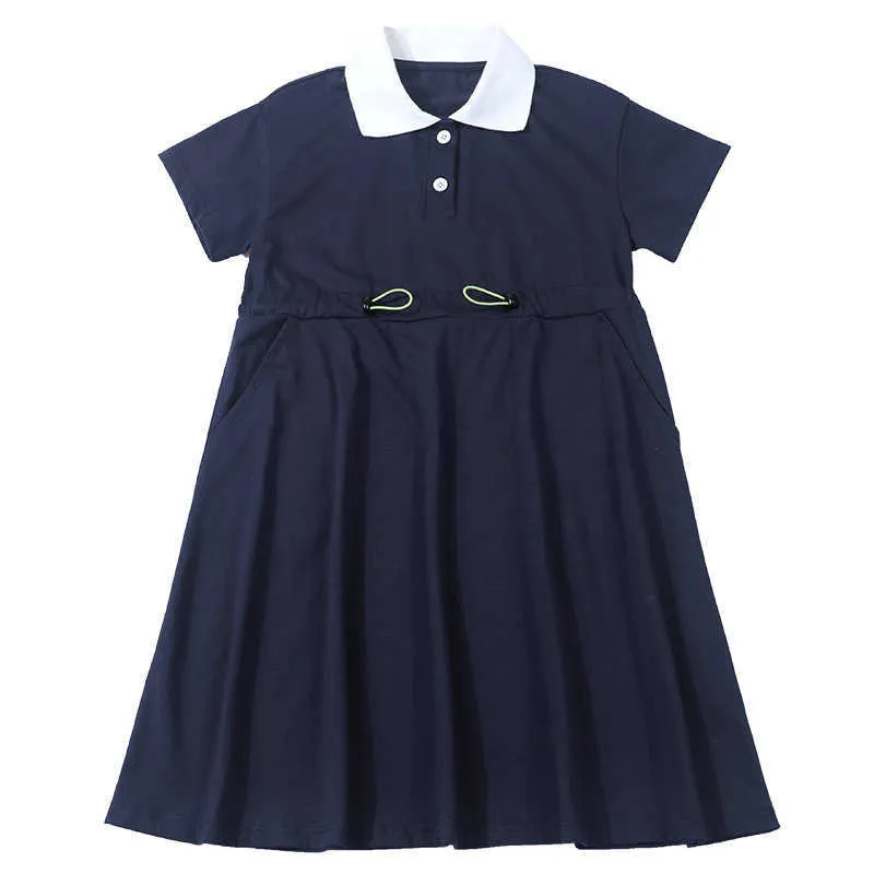 YourSeason Kids Casual Girl Cotton Dress 2021 New Summer Teen Girls Vestiti a maniche corte Baby Cute Button Abiti blu Q0716