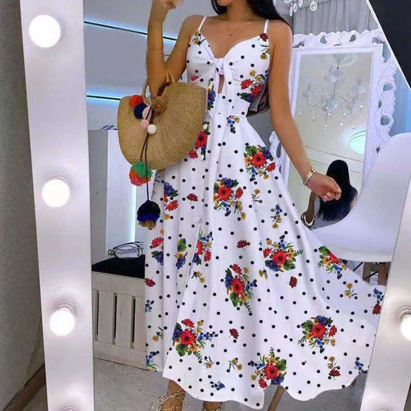 Wiosna Polka Dot Drukuj A-Line Party Dress Backless Pasek Maxi Kobiety Plażowa Dress Lato Nowy Tie-Up Bow Hollow Out Boho Długa Dress Y1006